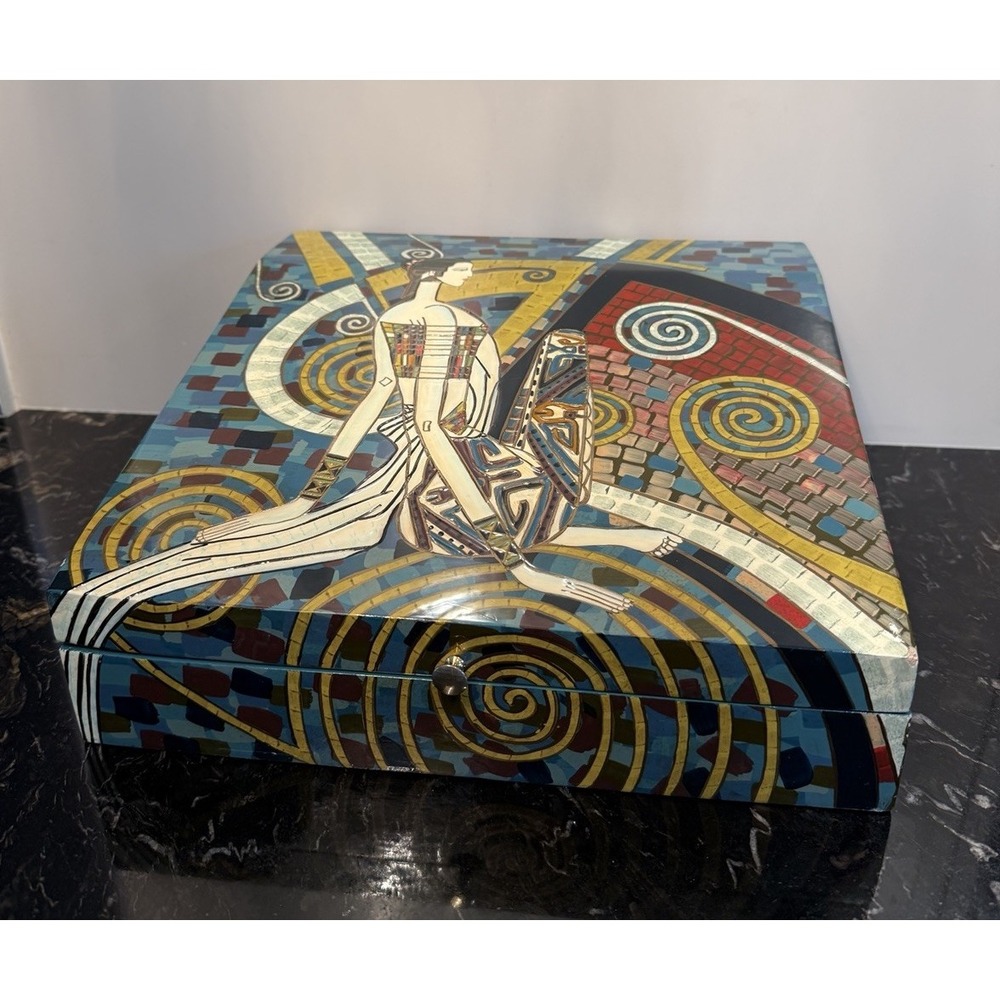 La Belle Art Decorated Lacquered Wood Box Treasure Box Hand Painted 12x12x5 1/8"